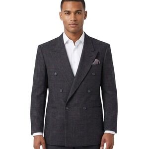 London Square Blazer Mens XLarge Grey Blue 100% Silk Glen Plaid Double Breasted‎